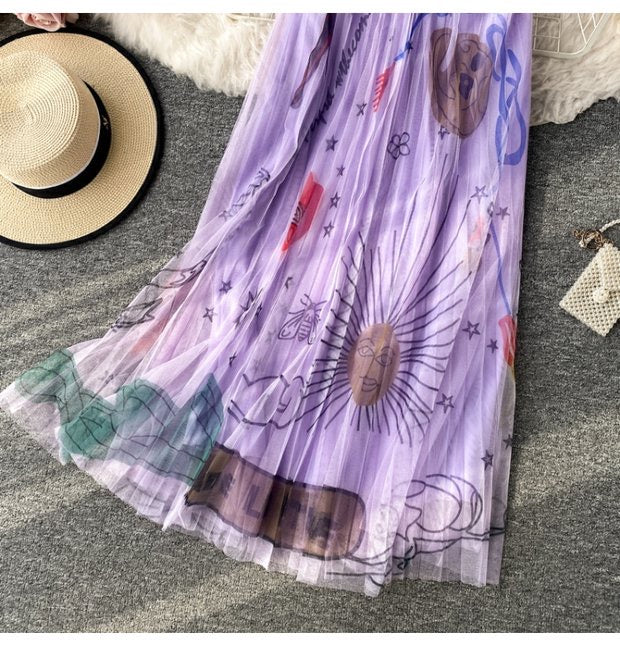 High waist, A-line big swing printed gauze skirt, pleated skirt, mid length skirt gauze skirt 3522