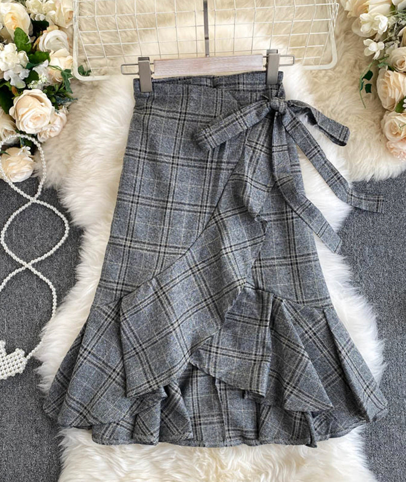 A line irregular plaid skirt 3474