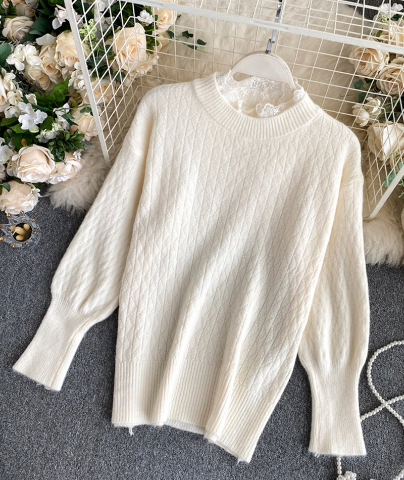Cute round neck lace long sleeve sweater 068
