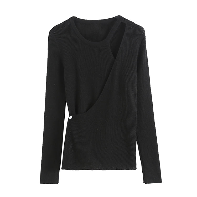 Design Sense Unregelmäßiges Strickhemd Damen Herbst Slim Fit Reine Farbe Hemd 7267