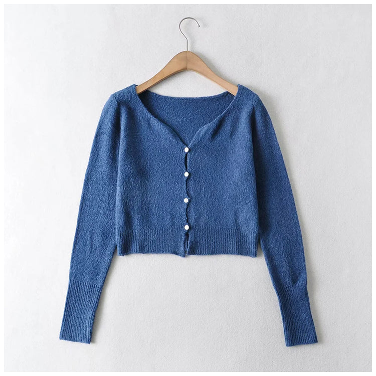 V-neck waist with exposed navel and long sleeve knitted cardigan 7229