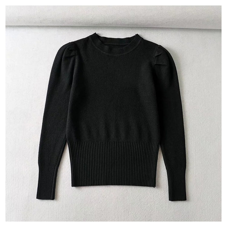 Round neck bubble sleeve elastic slim knit sweater 7444