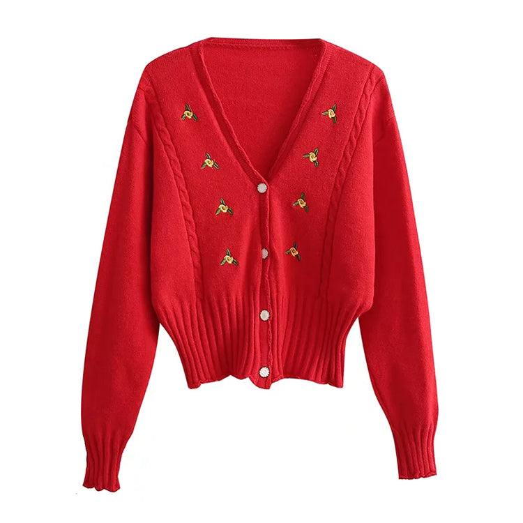 Embroidered V-neck button long sleeve short knit cardigan coat 7402
