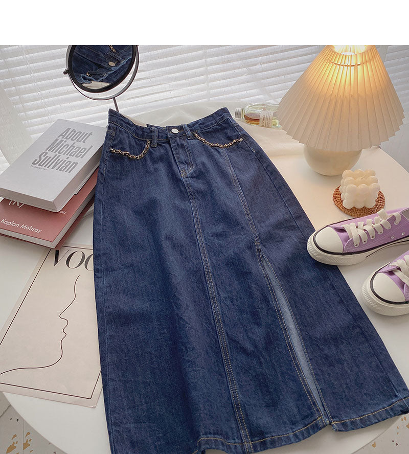 Small retro chain decorative high waist split A-line skirt 5722