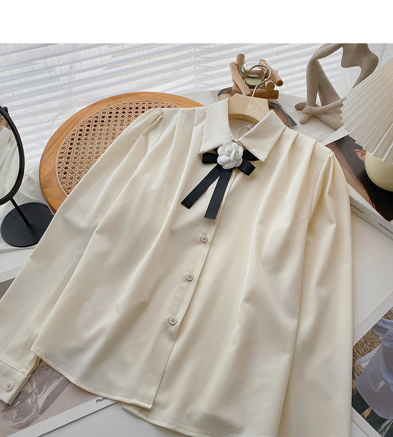 Korean basic solid color retro floret bow shirt 6433