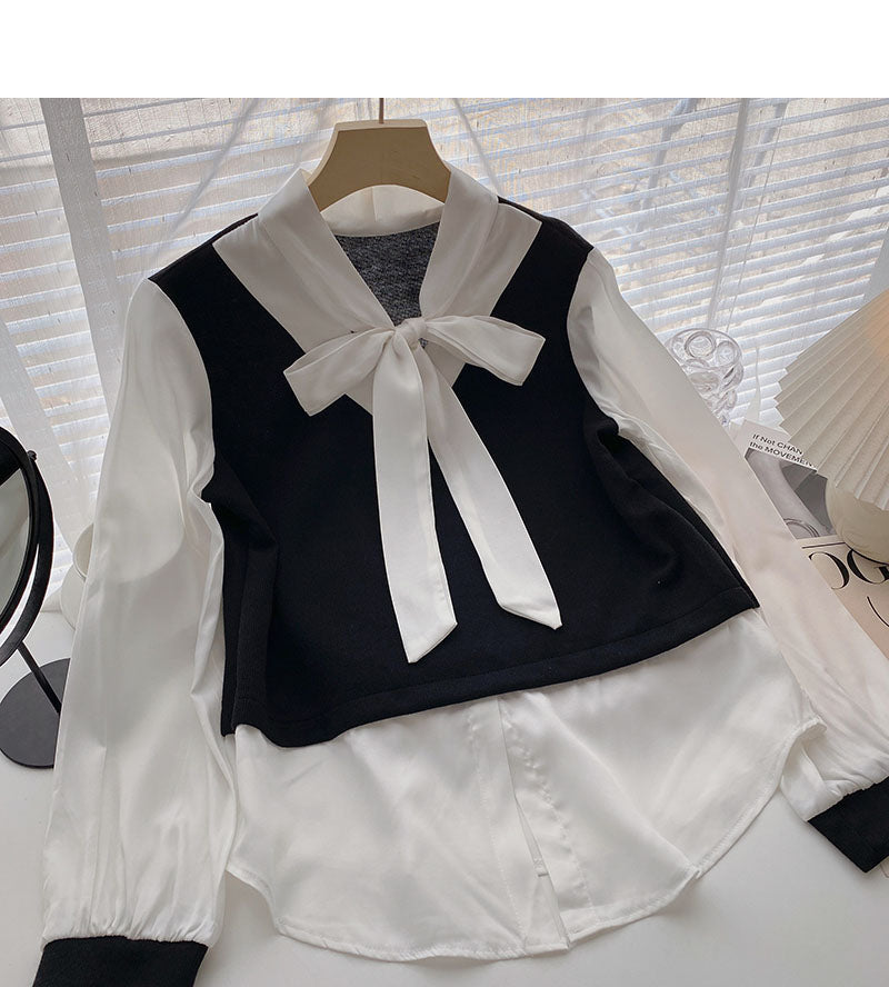 Shirt Female Minority Lace Up Long Sleeve Stitching Fake Two Pieces 6320