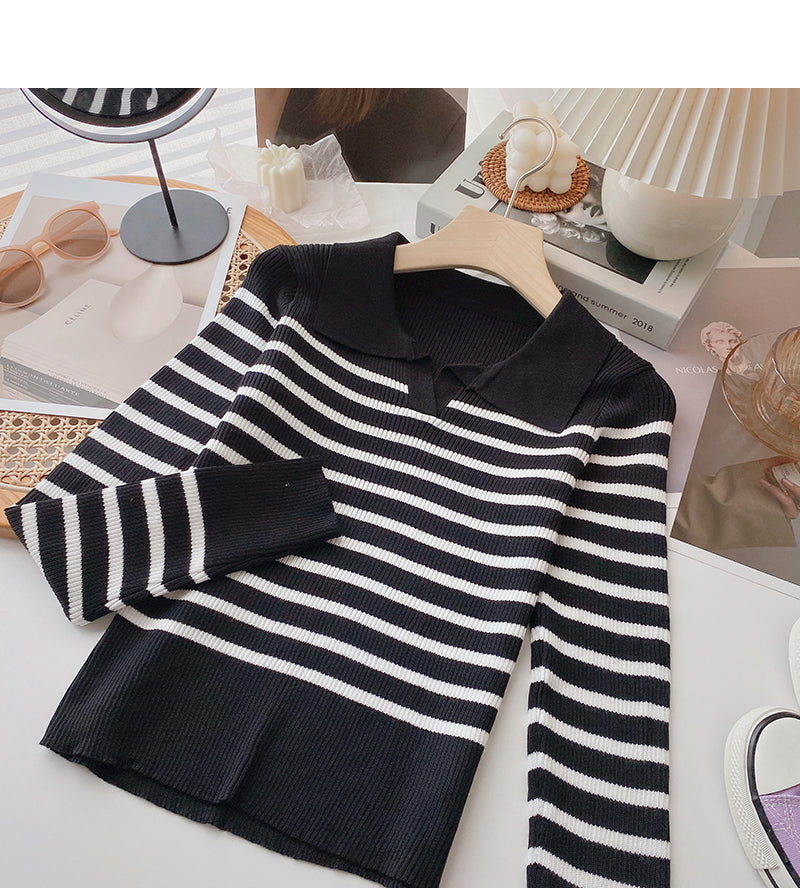 Niche design Lapel contrast stripe slim top 6618