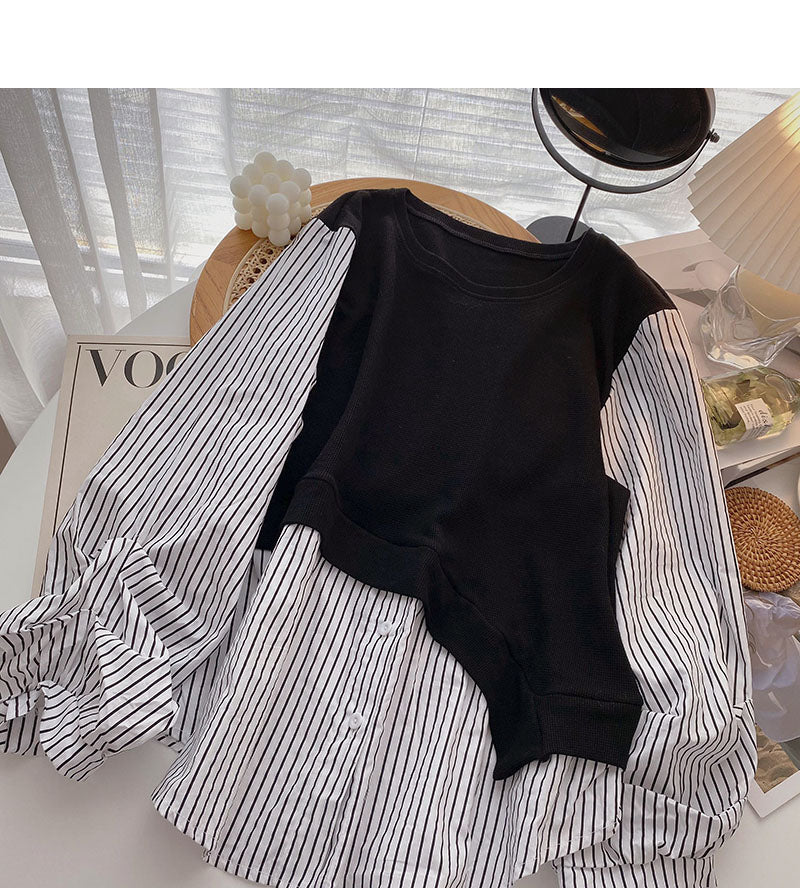 Design sense stripe stitching fake two shirts 6281
