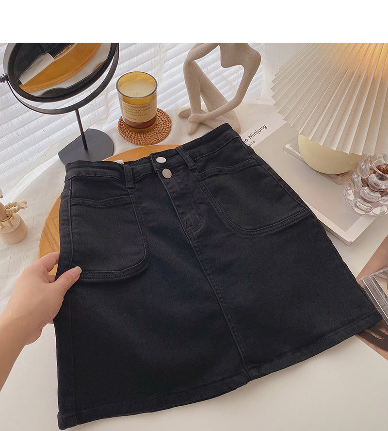 Design sense small pocket high waist A-line casual skirt 5594