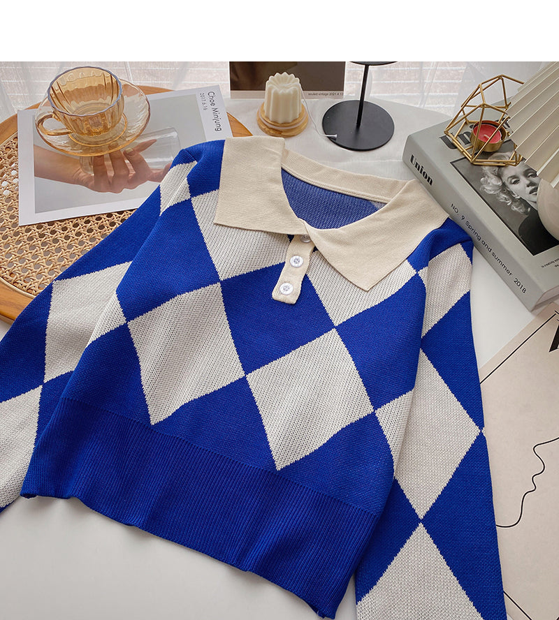 Plaid long sleeve top versatile short slim sweater 6591