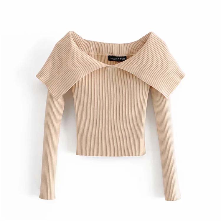 Design sense large lapel off shoulder long sleeve knit top 7151
