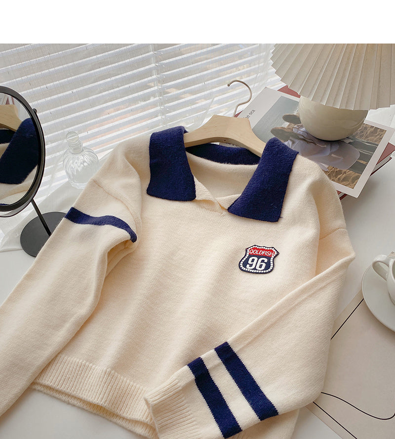 Schlankes und altersreduzierendes, farblich passendes Revers-Pullover mit langen Ärmeln 5912
