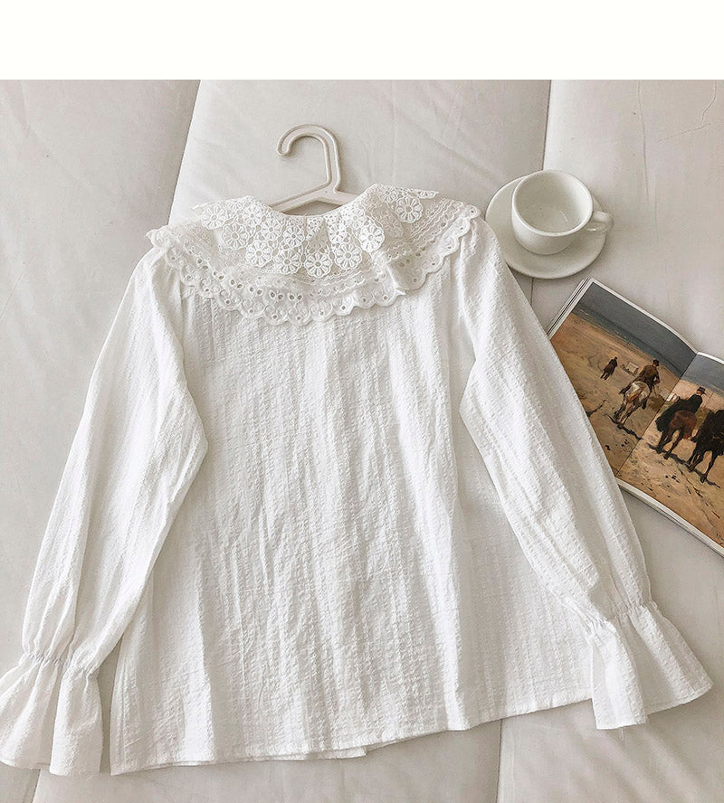 Female Crocheted hollow out baby collar breasted cotton linen shirt 6250