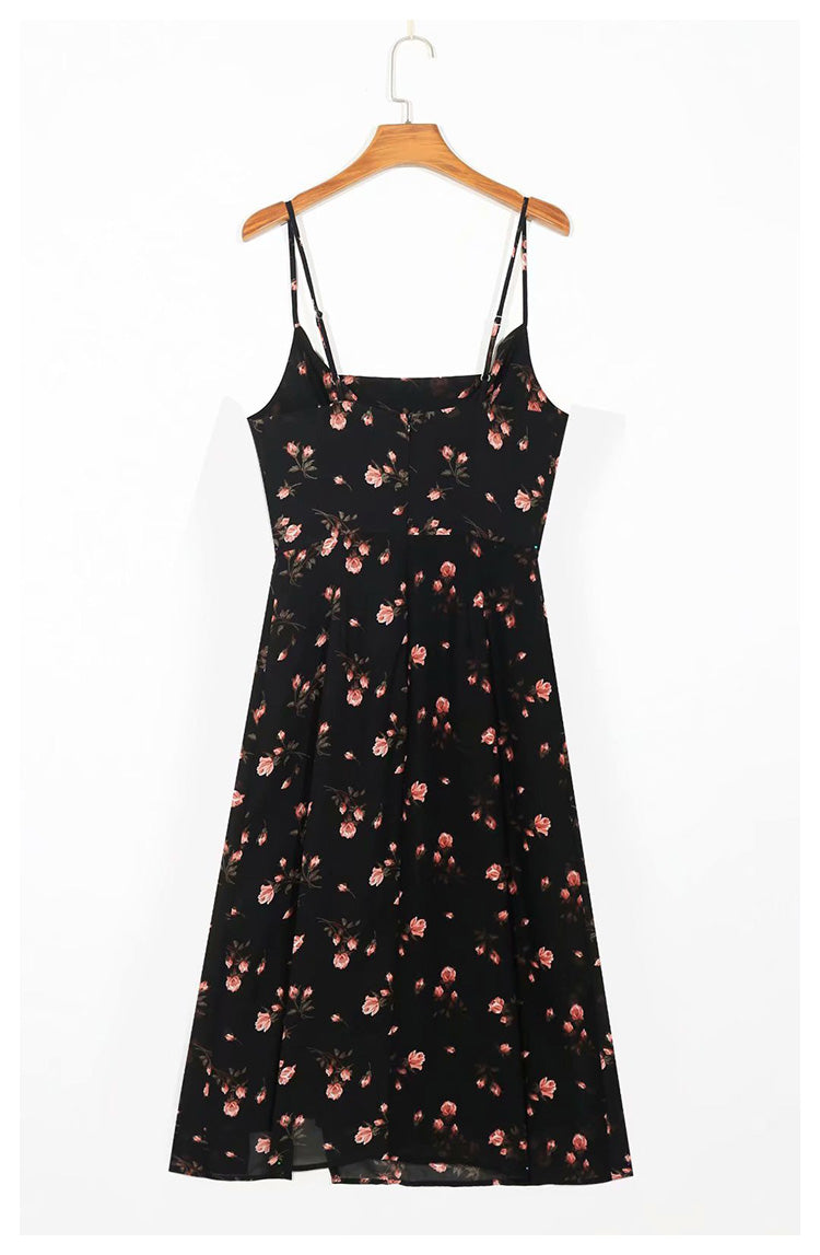 Printed swing neck suspender skirt split mid length dress 7053
