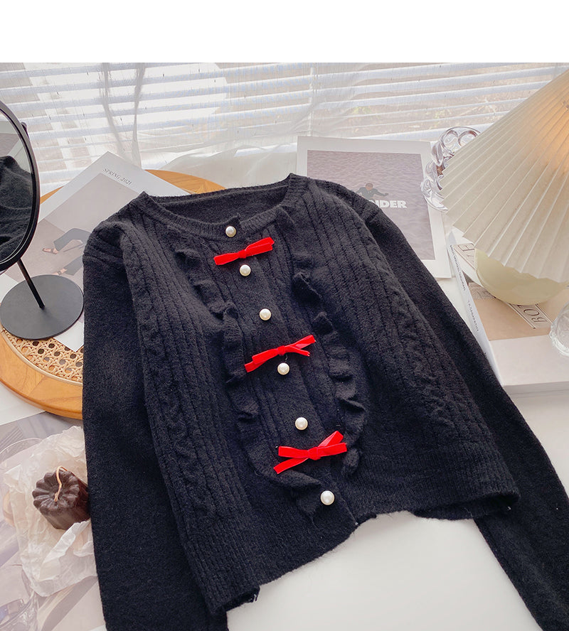 Pull col rond avec nœud et boutons en perles, joli haut à manches longues 6074