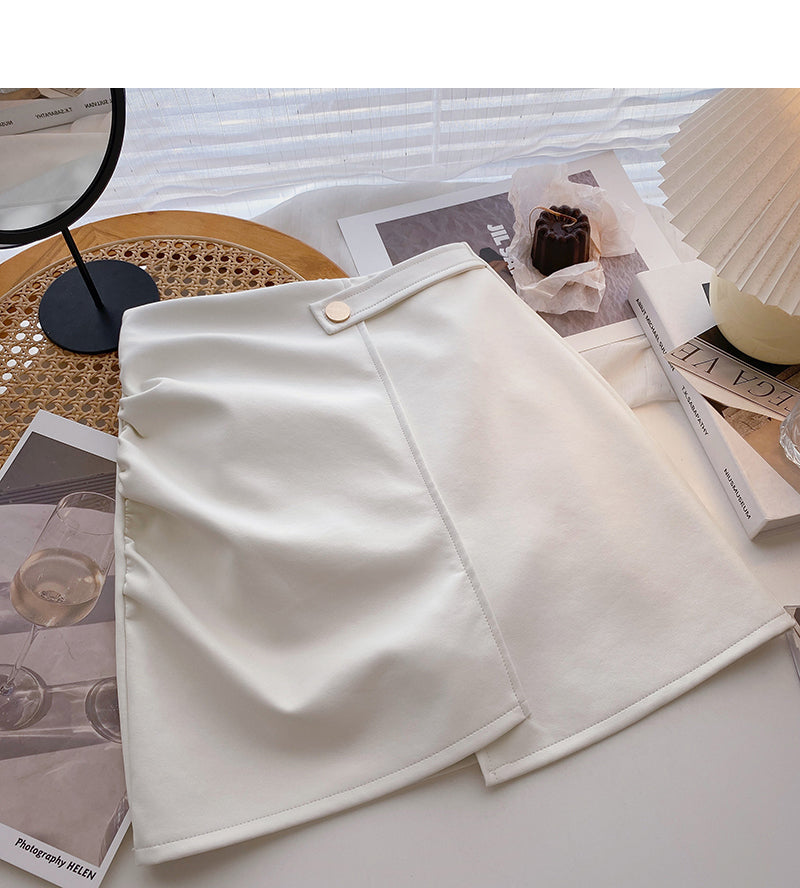 Koreanischer zerknitterter Hip Wrap unregelmäßiger dünner A-förmiger PU-Lederrock mit hoher Taille 5591