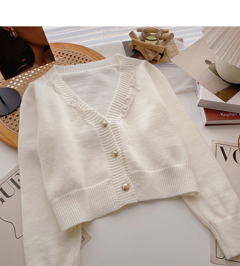 Vintage French short knit cardigan design long sleeve top 6668