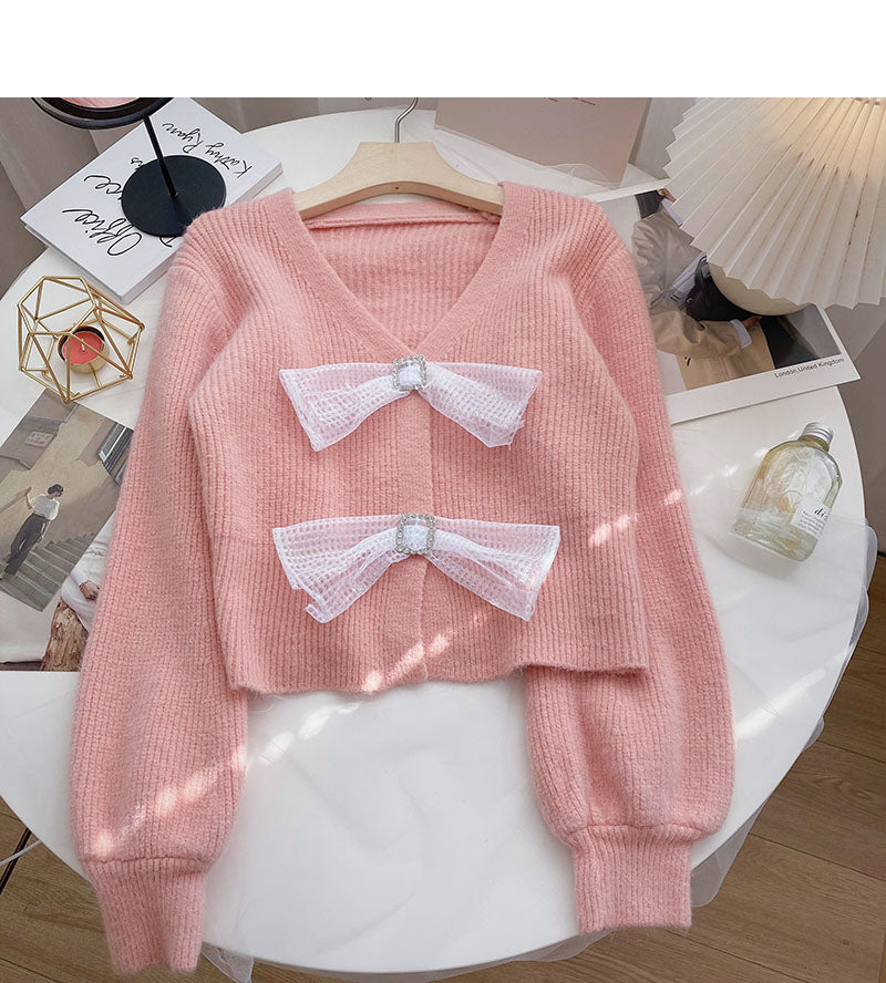 Korean version lazy wind gentle foreign style solid color bow V-neck top 6058