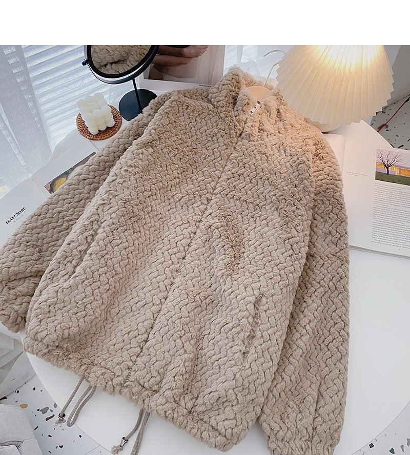 Loose Plush coat with drawcord design and stand collar warm top 6223