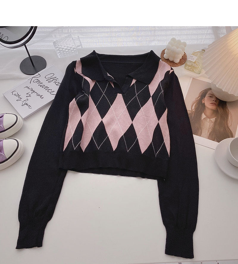 Aging Netz rot kariert kurz Langarm Pullover Top 6446
