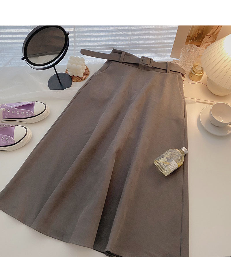Design-Gefühl für Minderheiten im ausländischen Stil, mittellanger Rock mit hoher Taille und Gürtel 5727