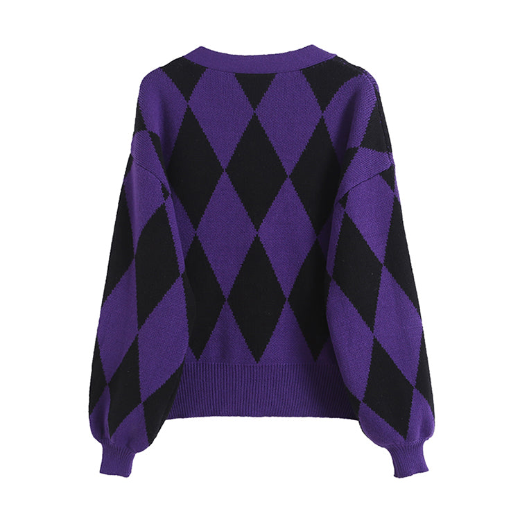 Strickjacke mit V-Ausschnitt und lockerem Temperament für Damen mit Laternenärmeln 7413