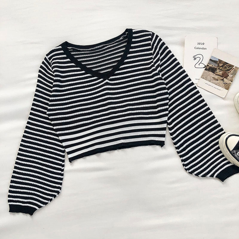 Kleiner Strickpullover mit frischen Streifen Lantern Sleeve Short Top 6543