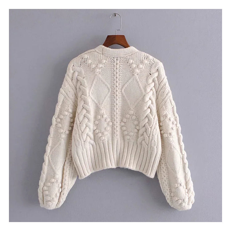 Cardigan en tricot torsadé rétro français Pull à col en V et manches lanternes 7173