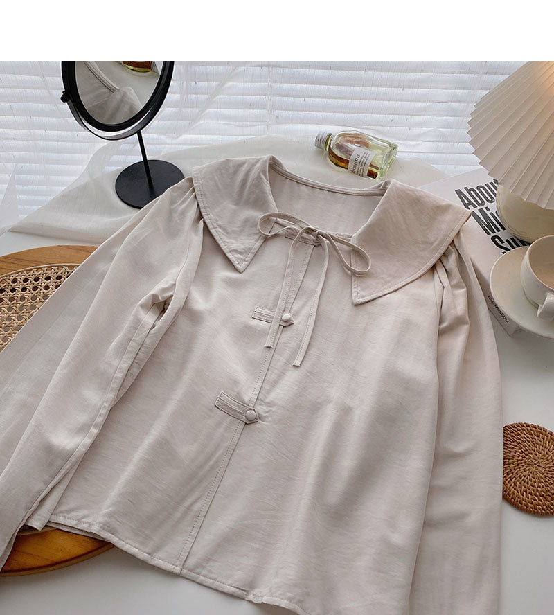 Niche design Lapel bandage long sleeve loose thin top 6276