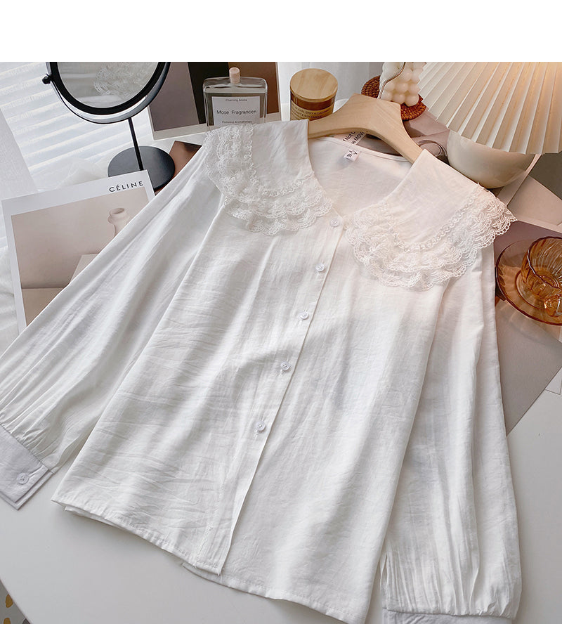 Baby collar lace edge solid color shirt slim long sleeve top 6385