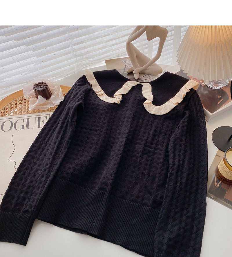 Sweet contrast lace doll Neck Long Sleeve Top 6113