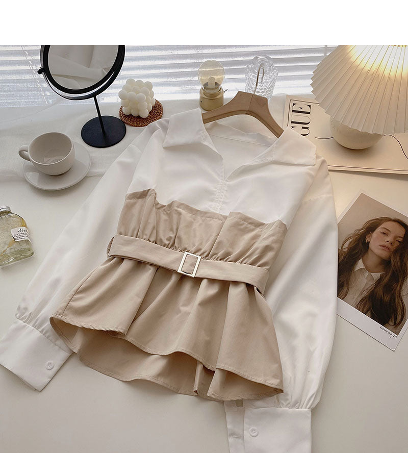 Korean long sleeve waistband design color matching top with belt 6284