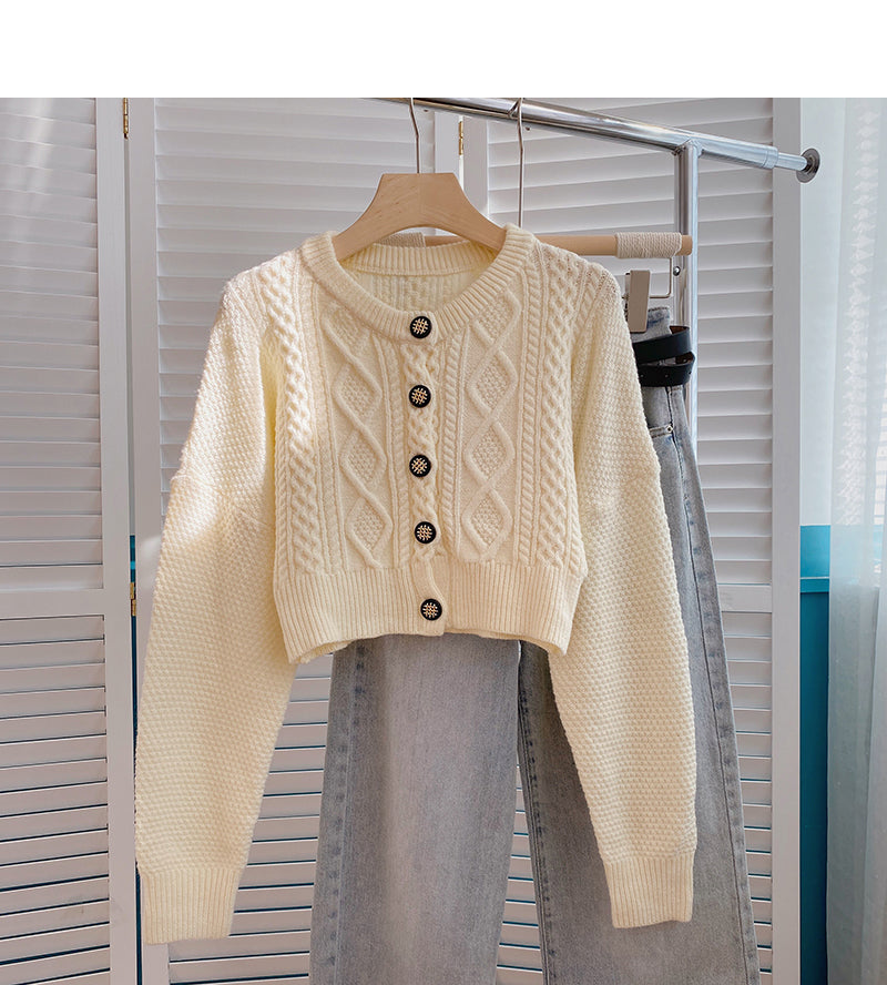 High waist short twist sweater single breasted cardigan top 6139