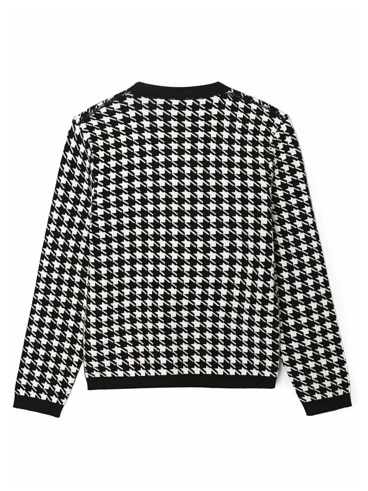 Chiffon Check Ribbon Bow V-neck slim long sleeve knitted coat 7224