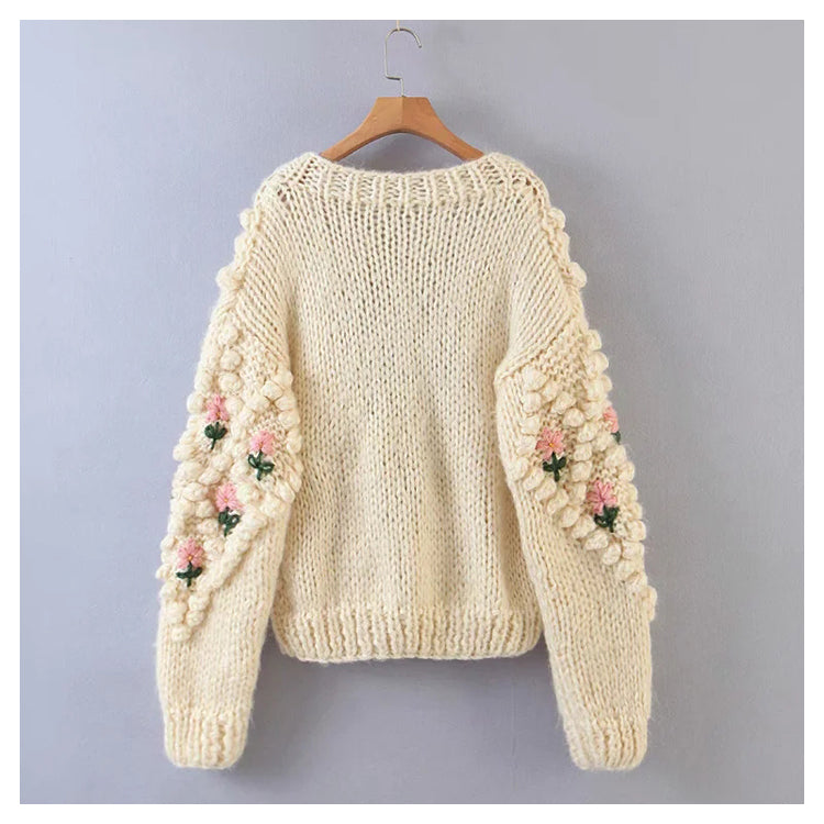 Three dimensional flower hook woven lantern sleeve cardigan sweater coat 7379