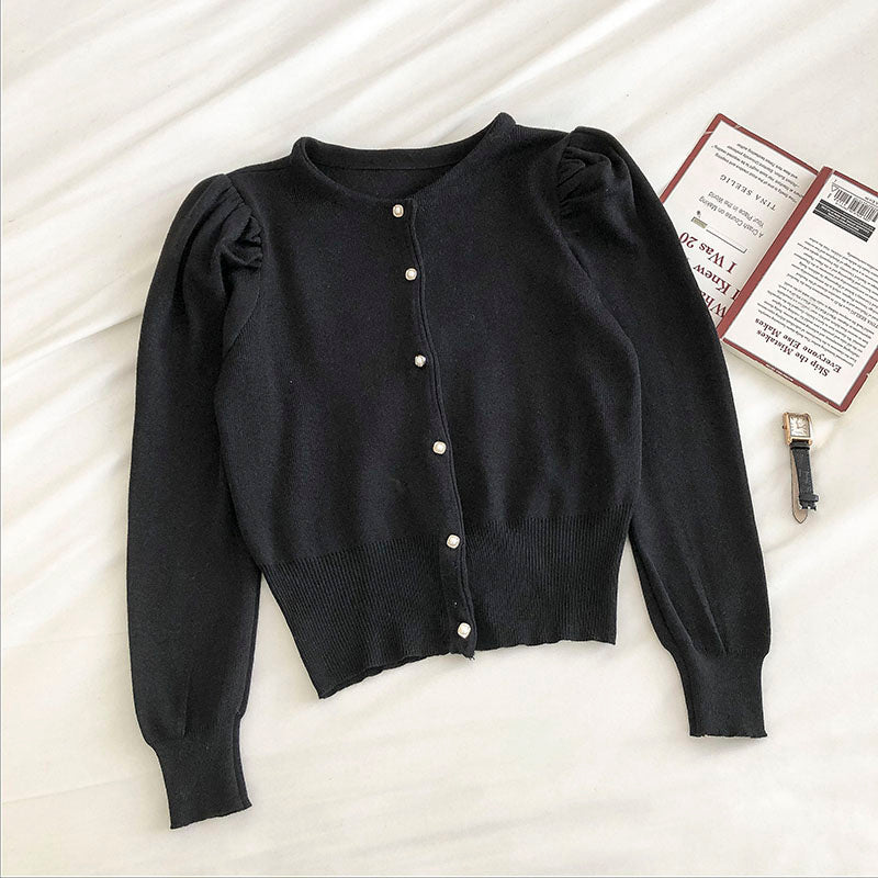 Einreihige Strickjacke mit Blasenärmeln Damenmode 6498