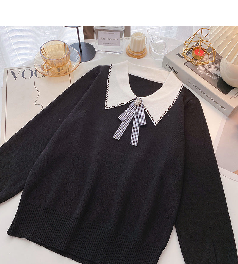 Long sleeve T-shirt design sense nail bead contrast bow top 6605