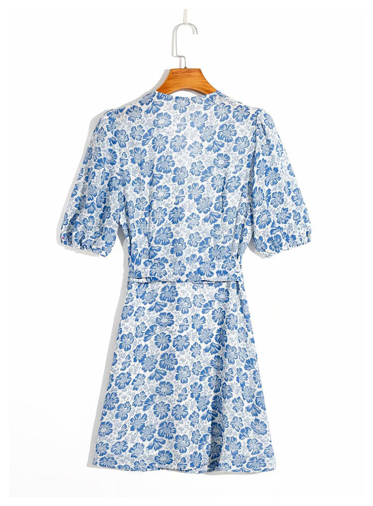 New slim V-neck print wrap lace up dress 7039