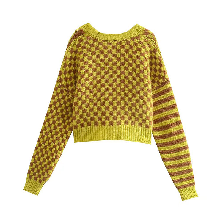 V-neck stripe knitted cardigan sweater coat 7505