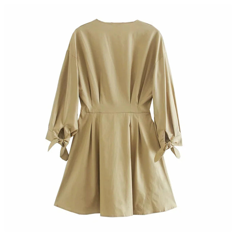 Robe à manches longues et col en V pour femme de style européen et américain avec ceinture 7103
