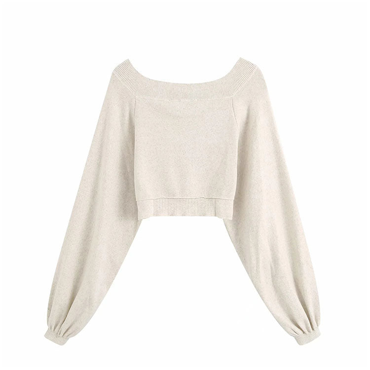 Bubble sleeve navel exposed Knitted Top slim pure color top 7179