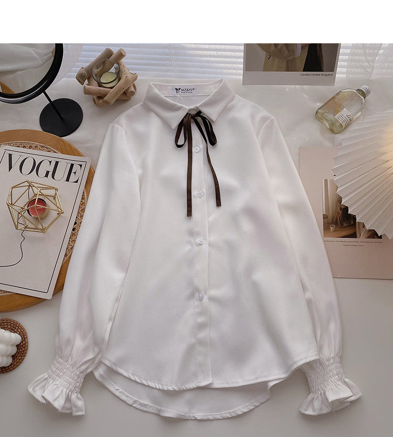 Collegiate lace up Lapel shirt casual long sleeve top 6356