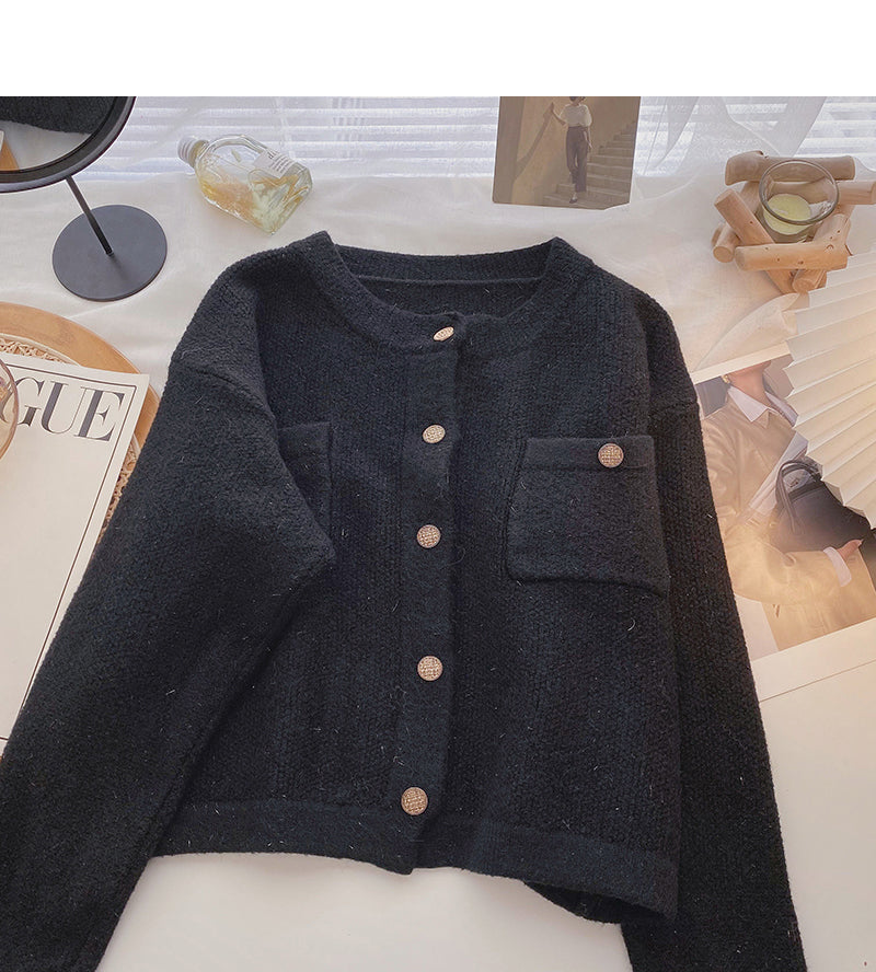 Solid gold round neck sweater small fragrance single breasted top 6166