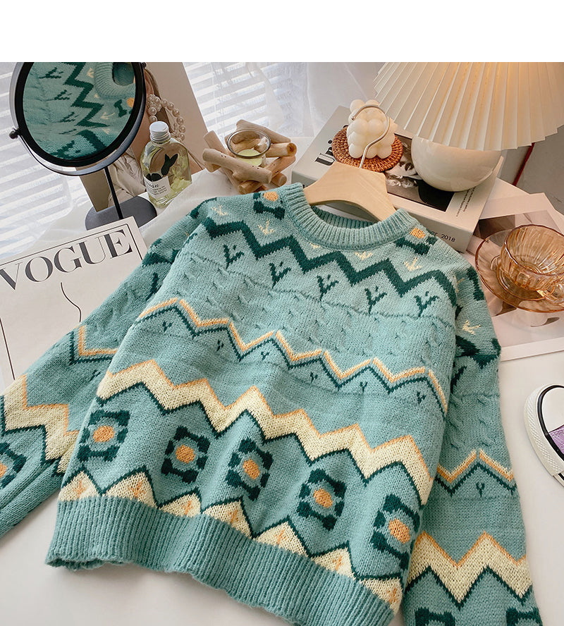 Versatile slim color blocking long sleeve round neck Pullover Sweater Top 6145
