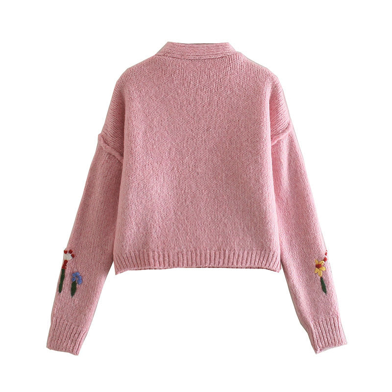 French sweet V-Neck long sleeve flower jacquard sweater knitted coat 7201
