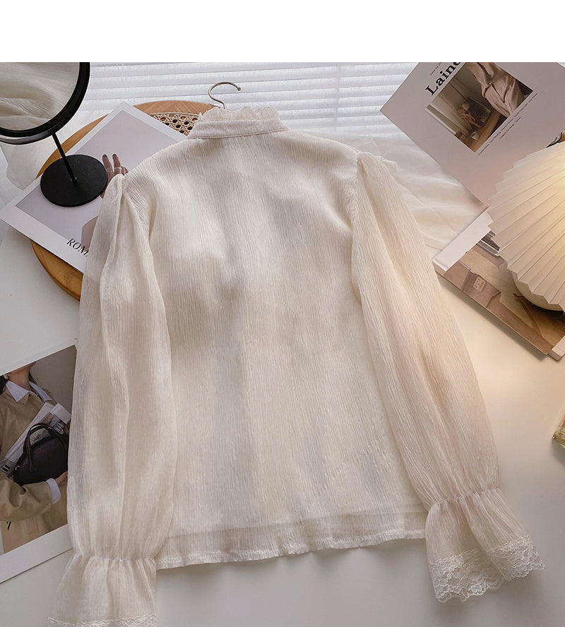 Stitched lace stand collar Long Sleeve Shirt 6396