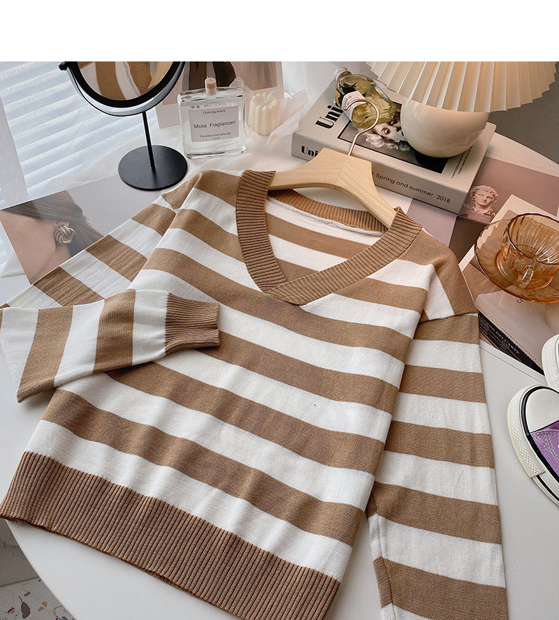 Striped long sleeved sweater Pullover Top bottomed shirt 6448
