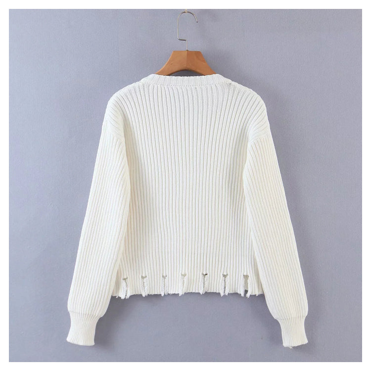 Gestrickter Cardigan mit unregelmäßigen Knöpfen und Rundhalsausschnitt und langen Ärmeln 7358