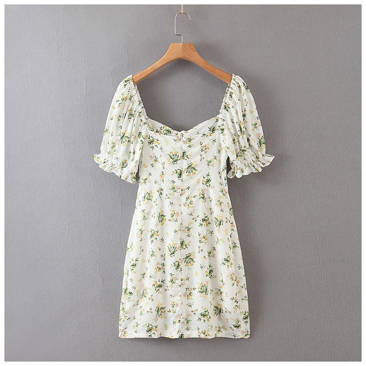 Französisches Retro-Kleid im Court-Stil mit eckigem Ausschnitt und Schnürung und Blasenärmeln 7063