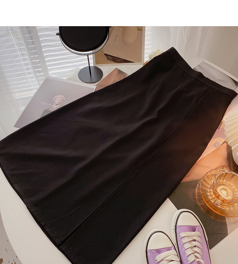 Hong Kong style retro solid color split high waist A-line skirt 5828